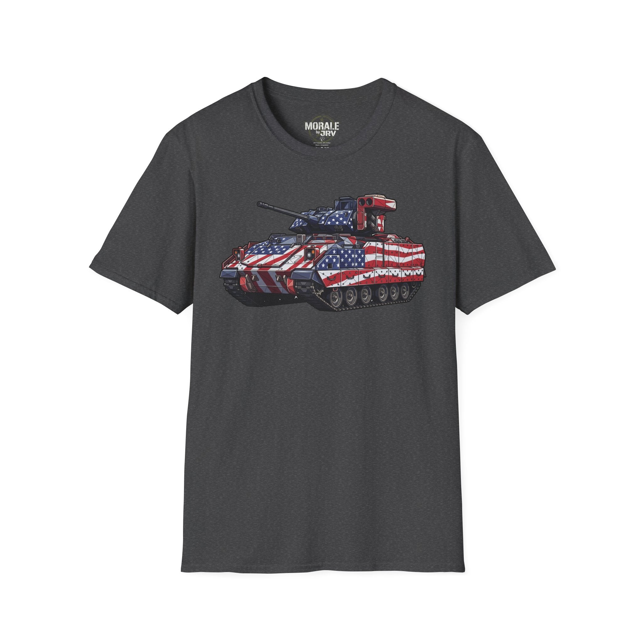 Dark Heather T-shirt with American-flag military tank graphic on the chest