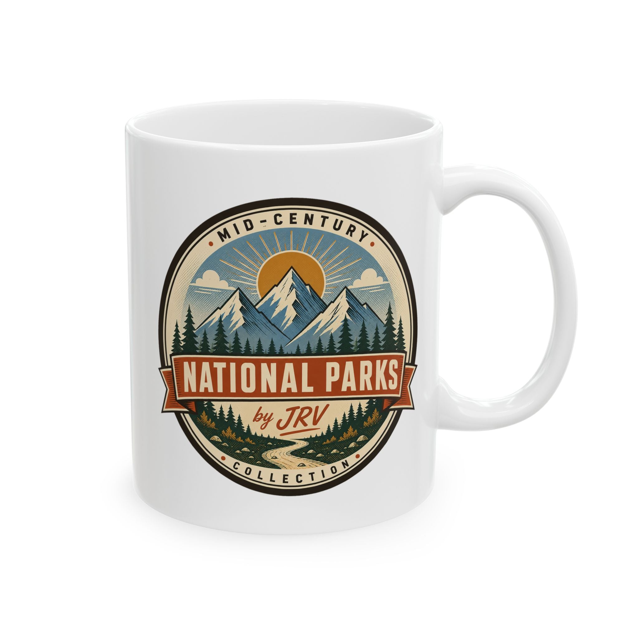 White ceramic mug with “MID-CENTURY NATIONAL PARKS” logo graphic and handle