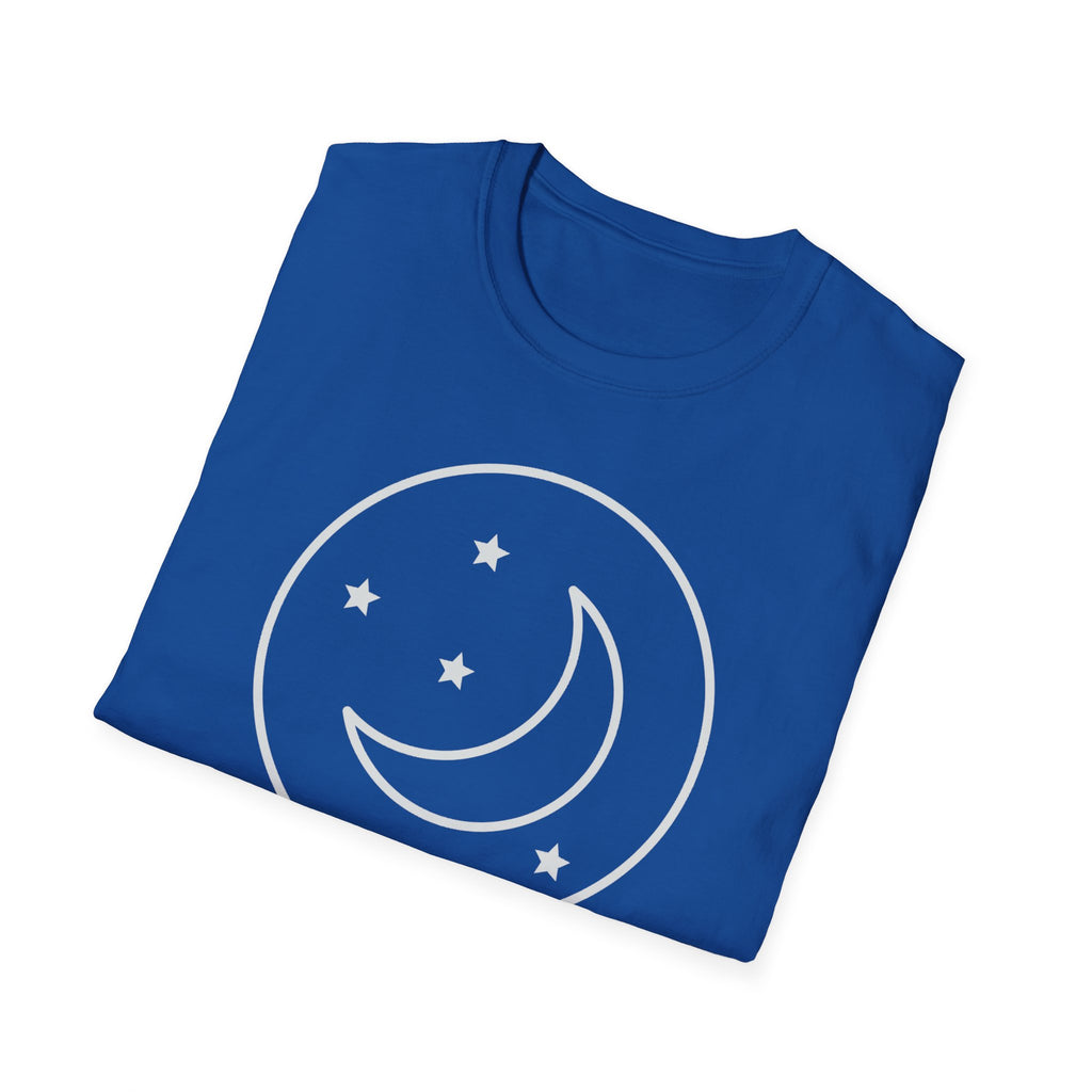 Blue T-shirt with white crescent moon and stars graphic