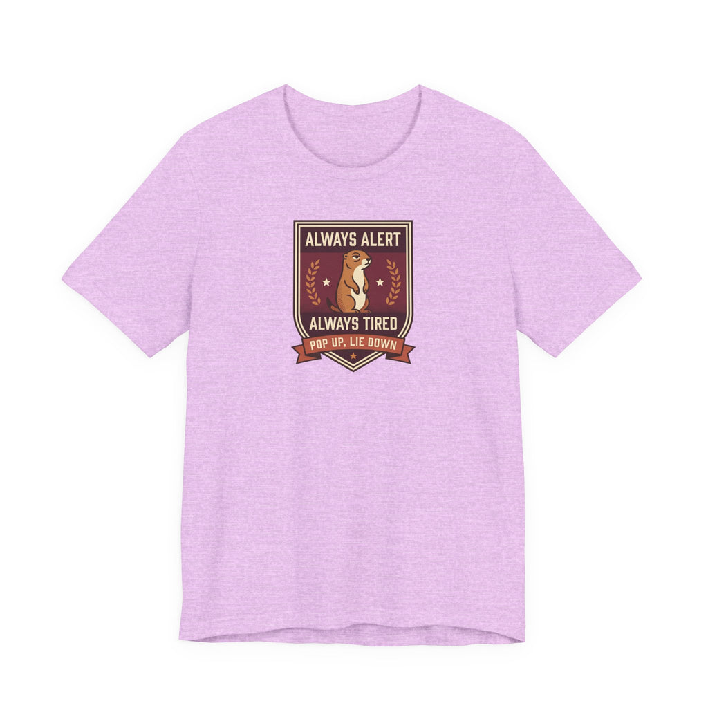 Lavender crewneck T-shirt with brown squirrel crest badge graphic on chest