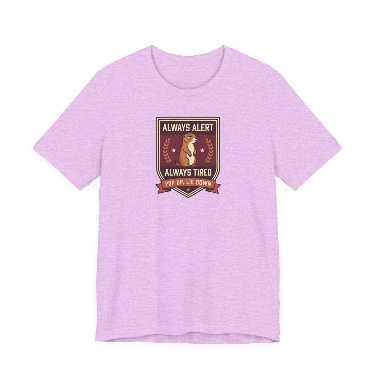 Lavender crewneck T-shirt with brown squirrel crest badge graphic on chest