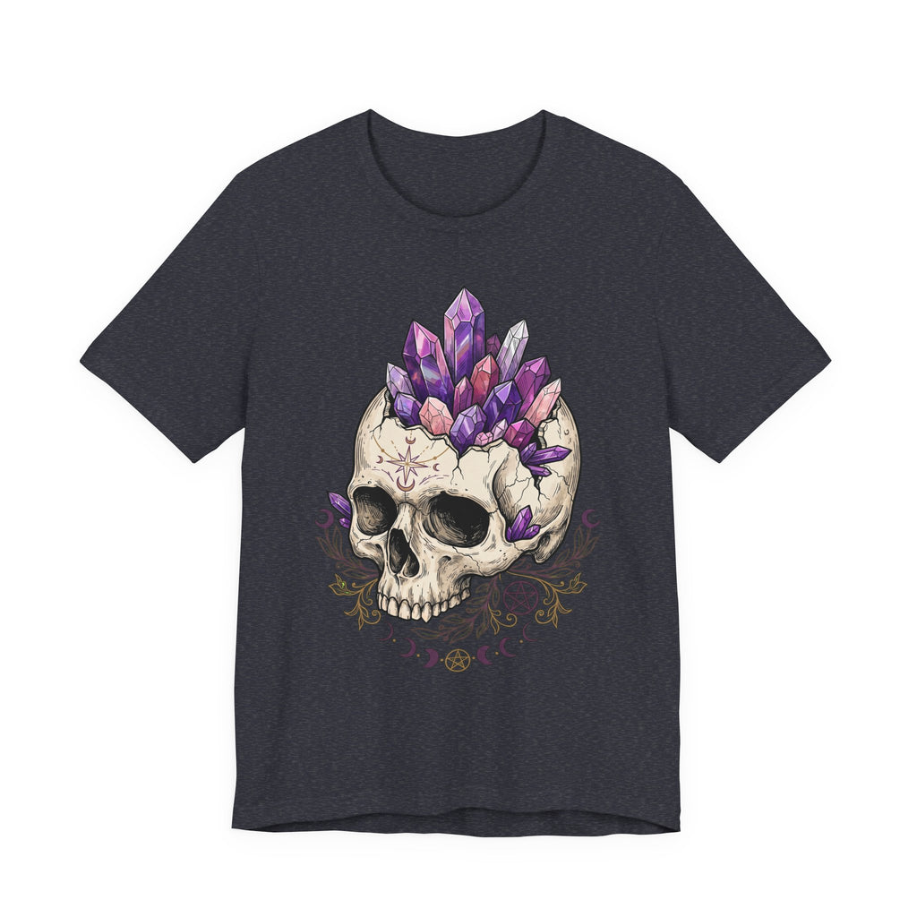 Black heather unisex T-shirt with purple amethyst crystal skull and floral motifs