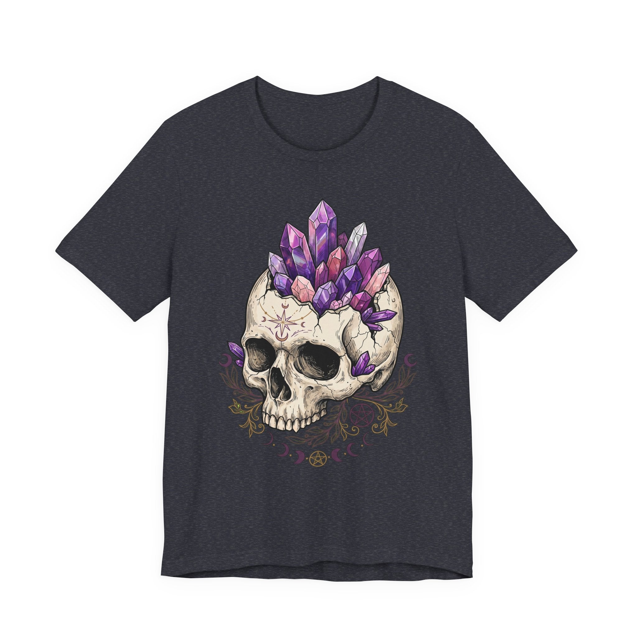 Black heather unisex T-shirt with purple amethyst crystal skull and floral motifs