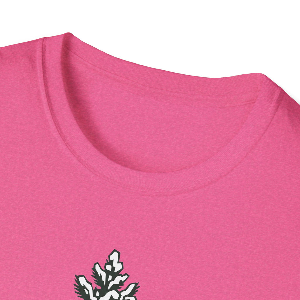 Bright pink T-shirt neckline with part of the snowy pine tree graphic print