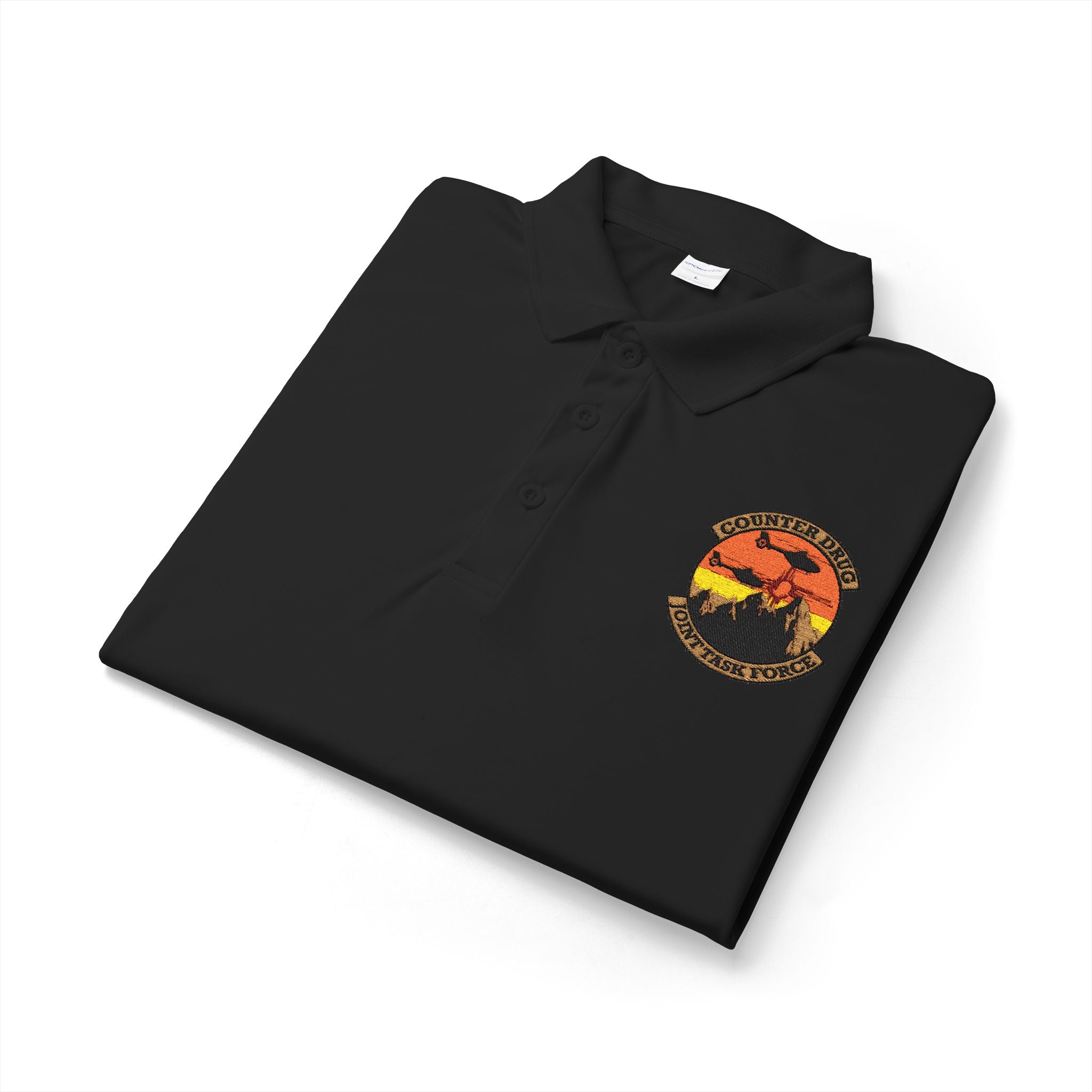 Sunset Surf polo shirt, black with embroidered logo patch at chest