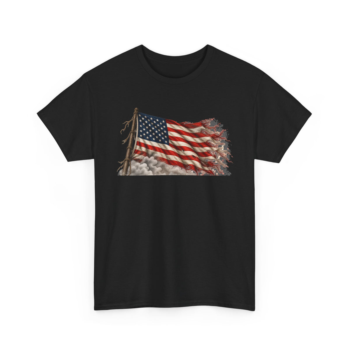 Black short-sleeve crewneck T-shirt with weathered waving American flag graphic