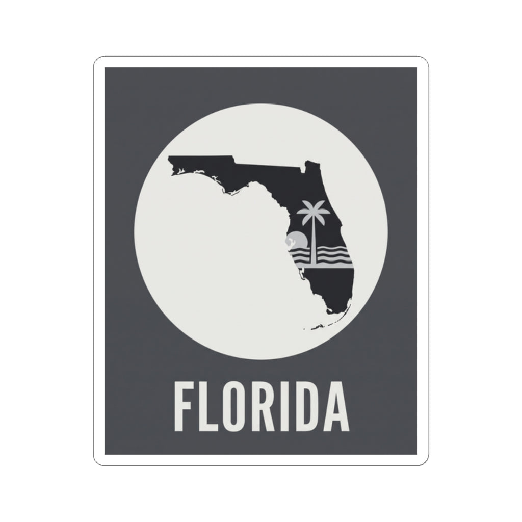 Florida silhouette sticker with palm tree accent, wave stripes, and centered FLORIDA lettering