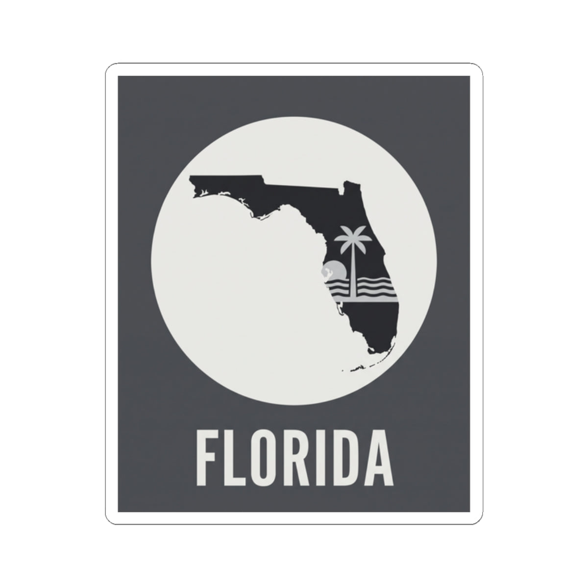 Florida silhouette sticker with palm tree accent, wave stripes, and centered FLORIDA lettering