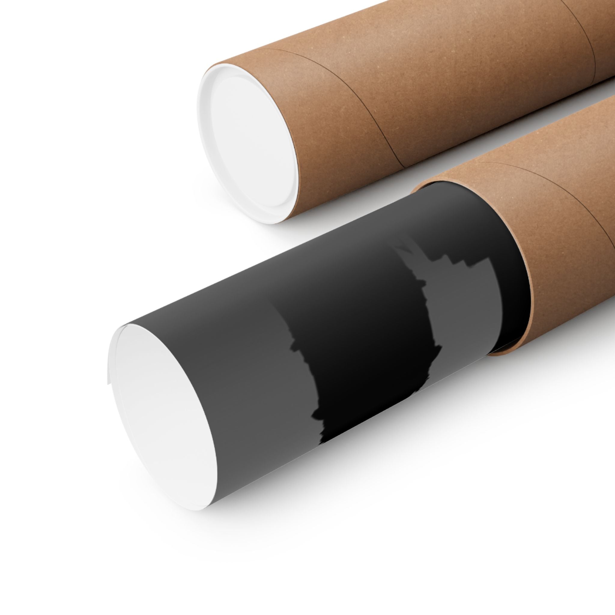 Rolled poster tube with dark skyline silhouette and partial Philadelphia map print