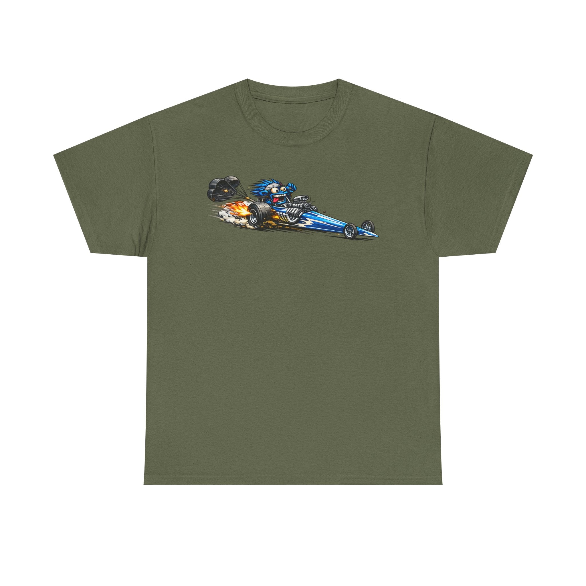 Military green graphic tee with flaming dragster hot rod car front print