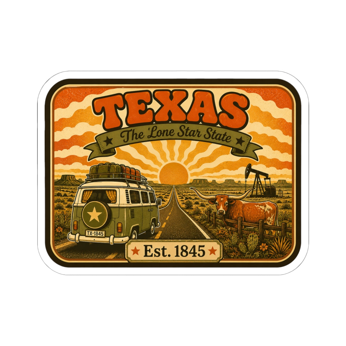 Kiss-cut Texas road trip sticker with truck, cattle, and Est. 1845 text