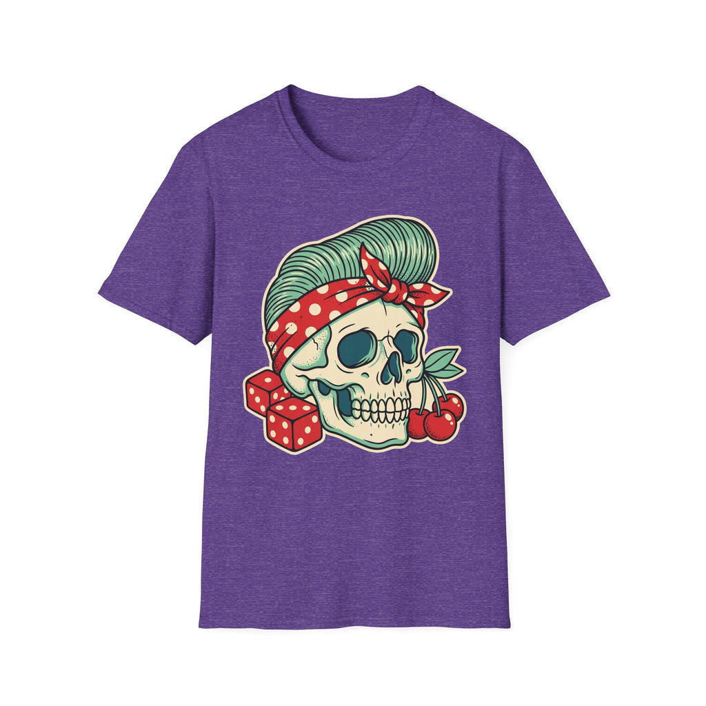Heather purple rockabilly T-shirt with sugar skull graphic, green hair and red polka-dot bandana