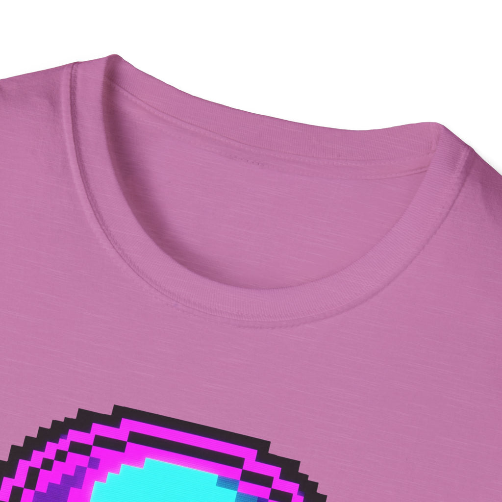 Radiant orchid Pixel skull Game Over t-shirt close-up of crew neckline