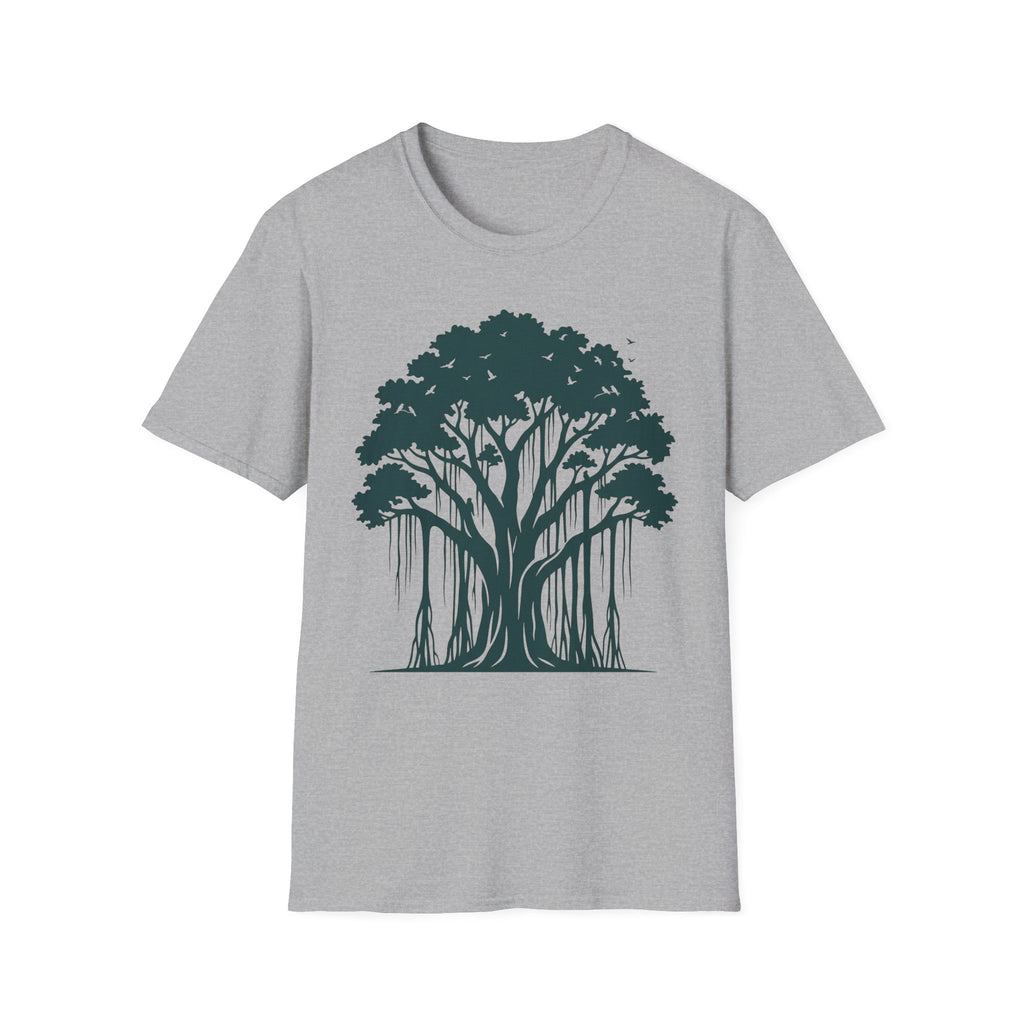 T-Shirt mit Banyan-Baum-Motiv, grauer Stoff, Frontprint mit Baum und langen Wurzeln