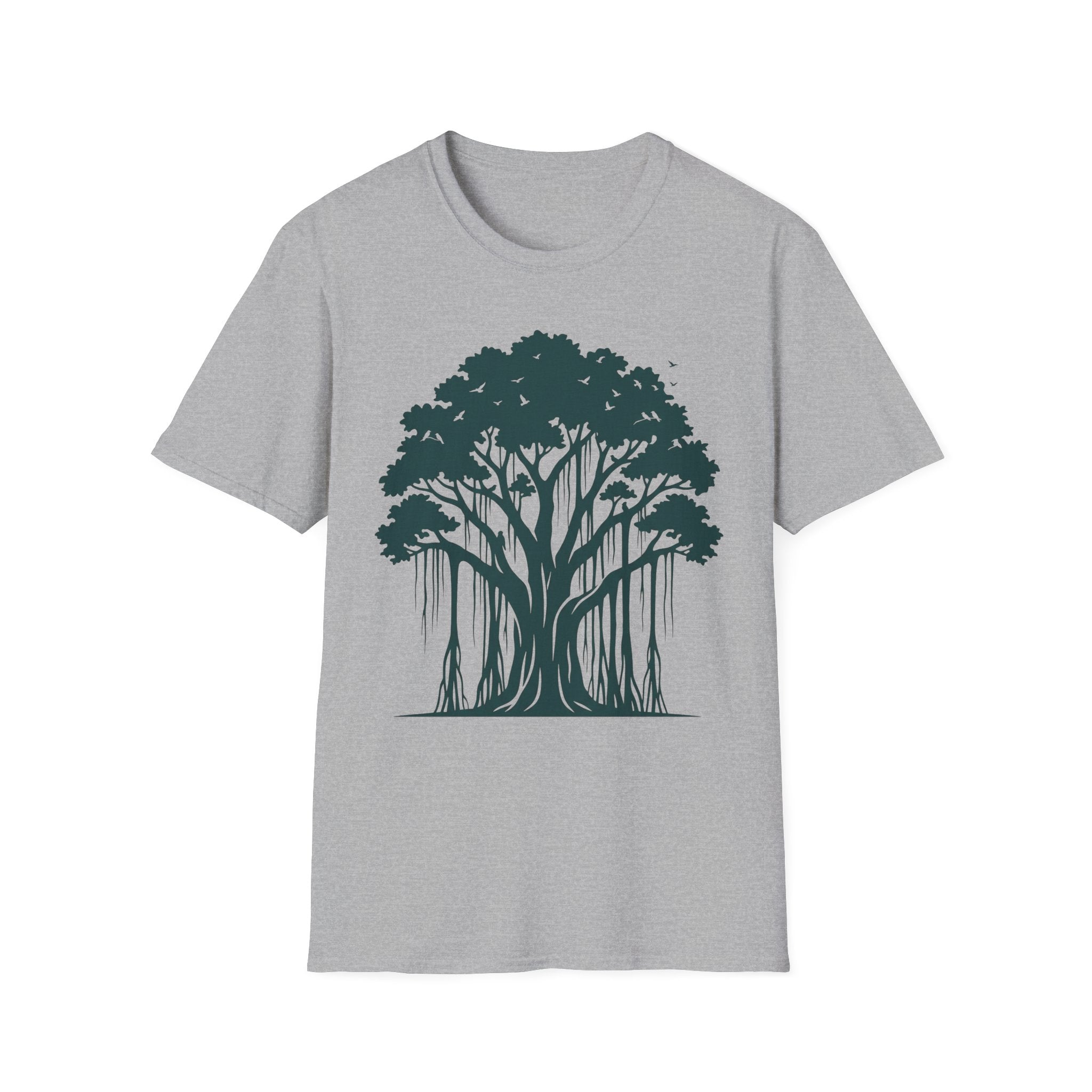 T-Shirt mit Banyan-Baum-Motiv, grauer Stoff, Frontprint mit Baum und langen Wurzeln