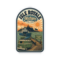 Isle Royale National Park sticker with Michigan arch logo, camper van, and dock illustration