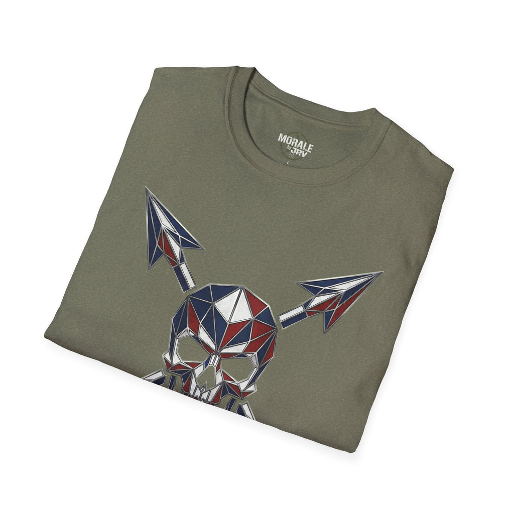 Military green T-shirt with geometric skull and crossed arrow graphic