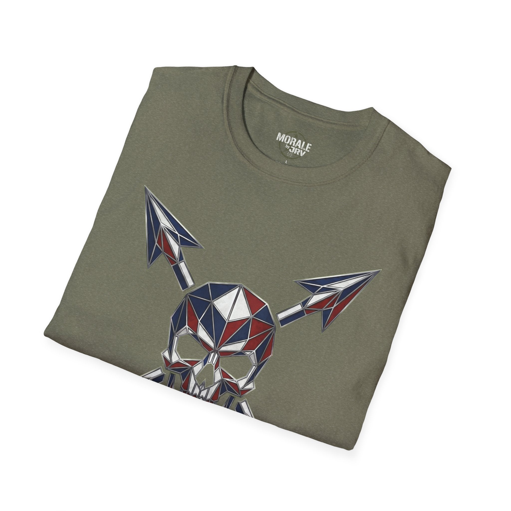 Military green T-shirt with geometric skull and crossed arrow graphic