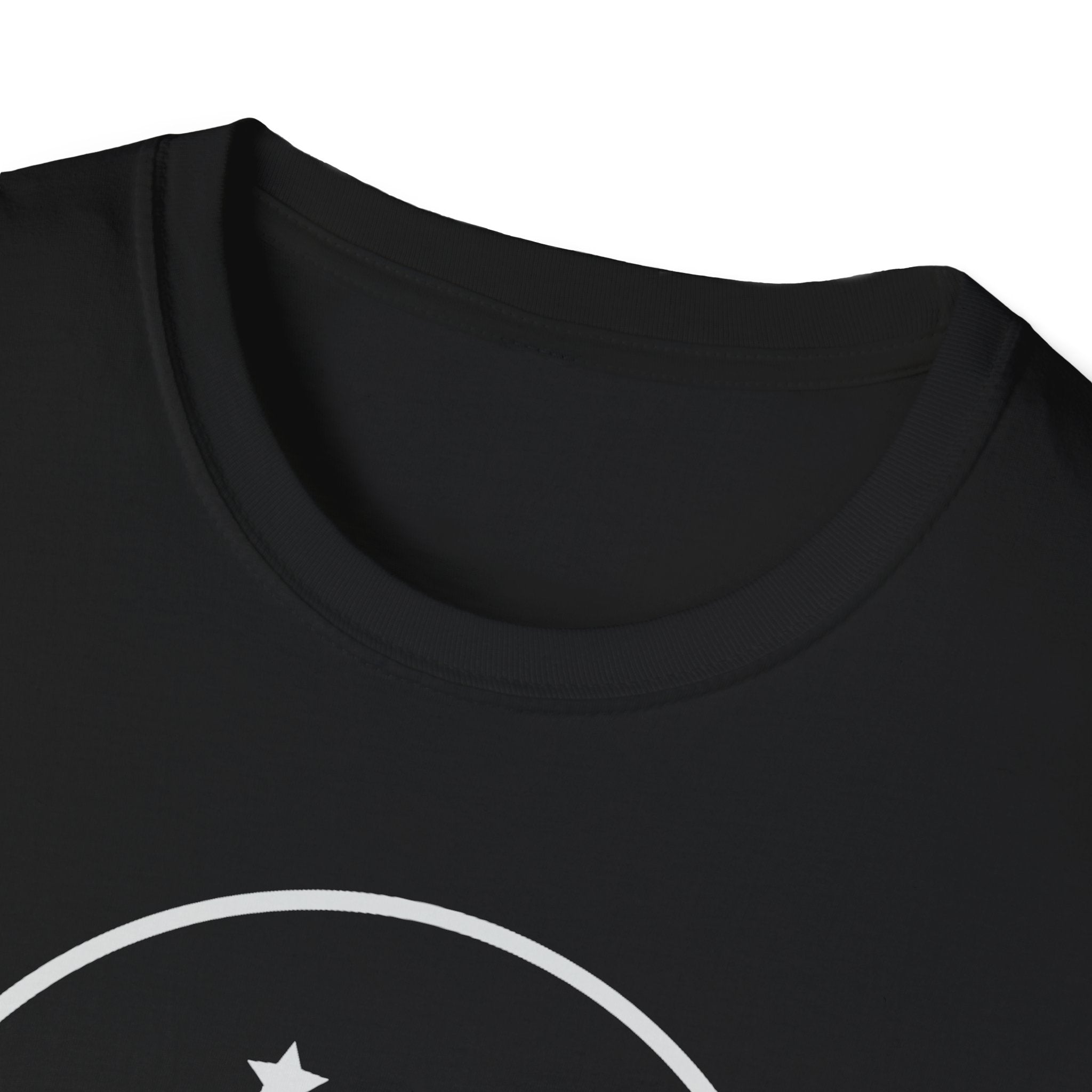 Black t-shirt neckline with partial white crescent-and-star graphic detail