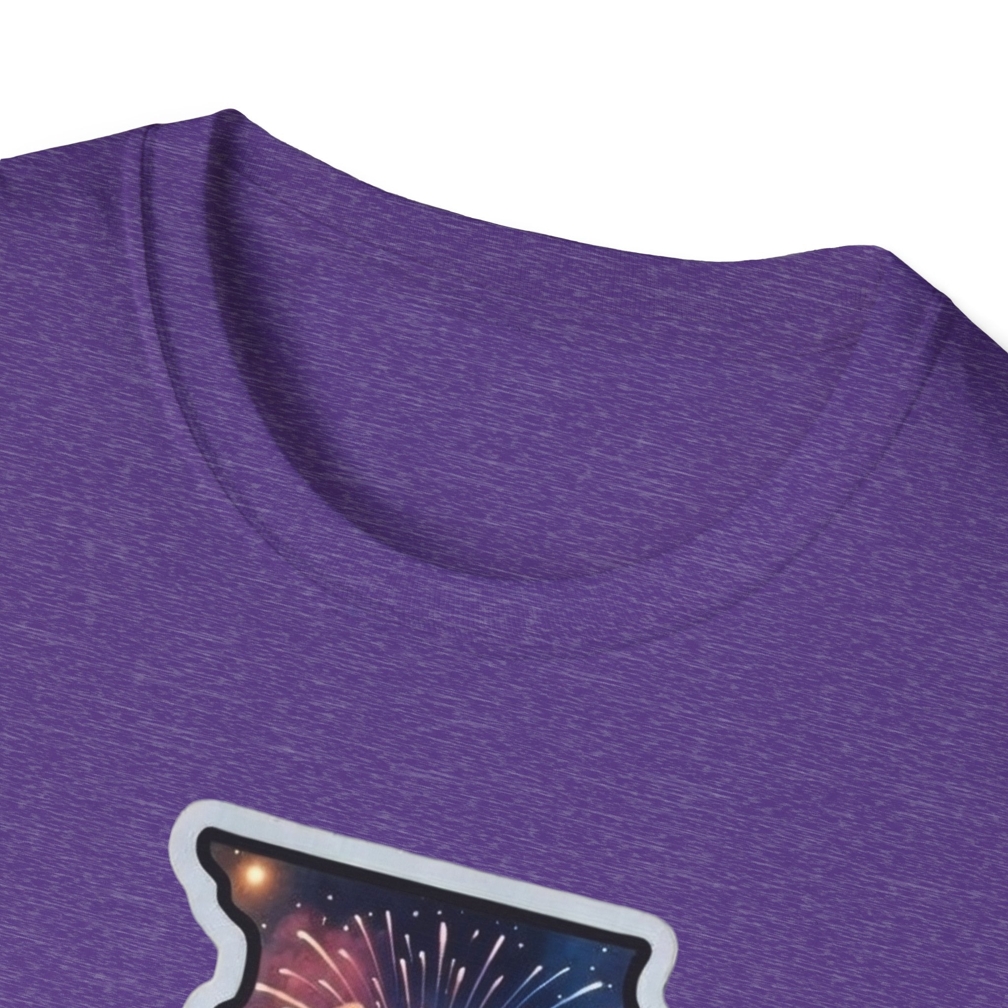Heather purple T-shirt neckline with partial fireworks graphic
