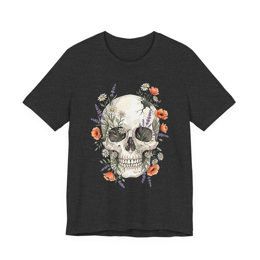 Dark charcoal floral skull T-shirt with poppies and wildflowers botanical graphic front
