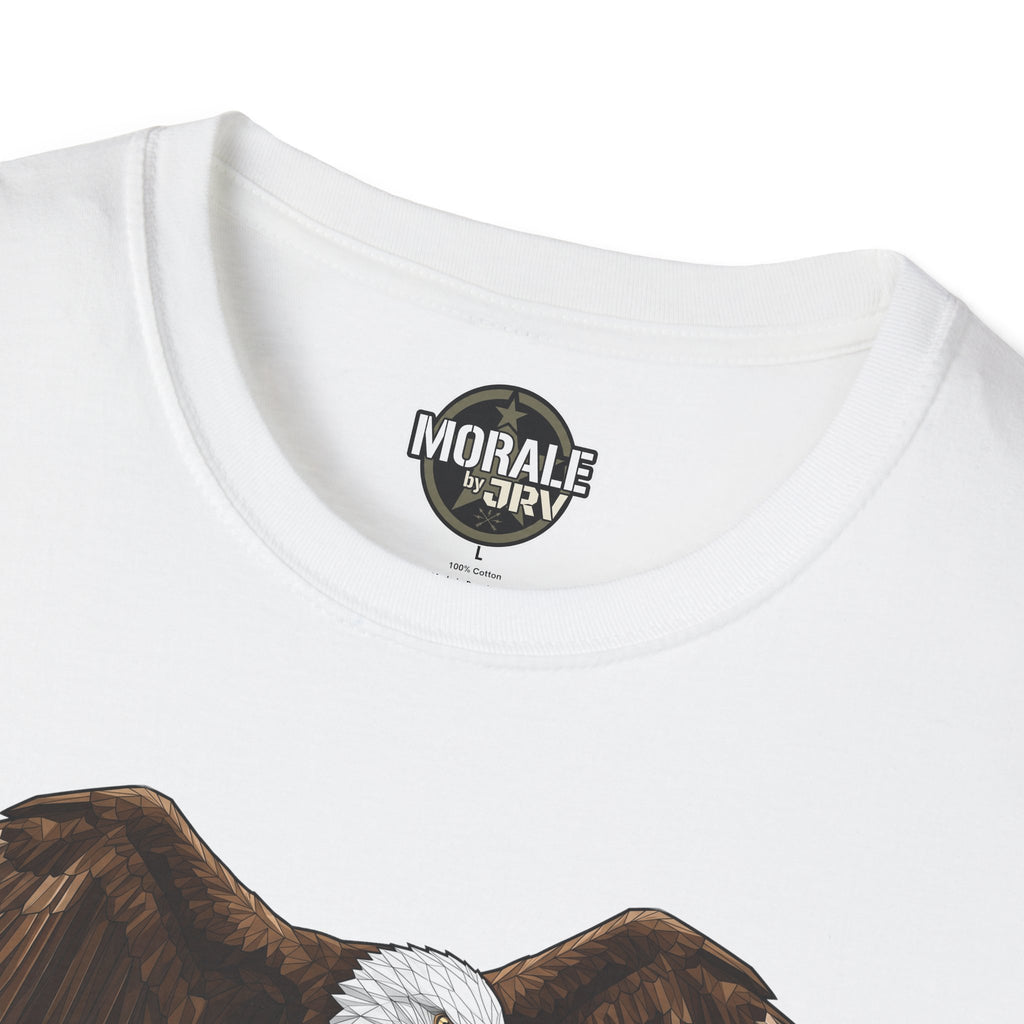 White T-shirt neckline logo, partial bald eagle graphic