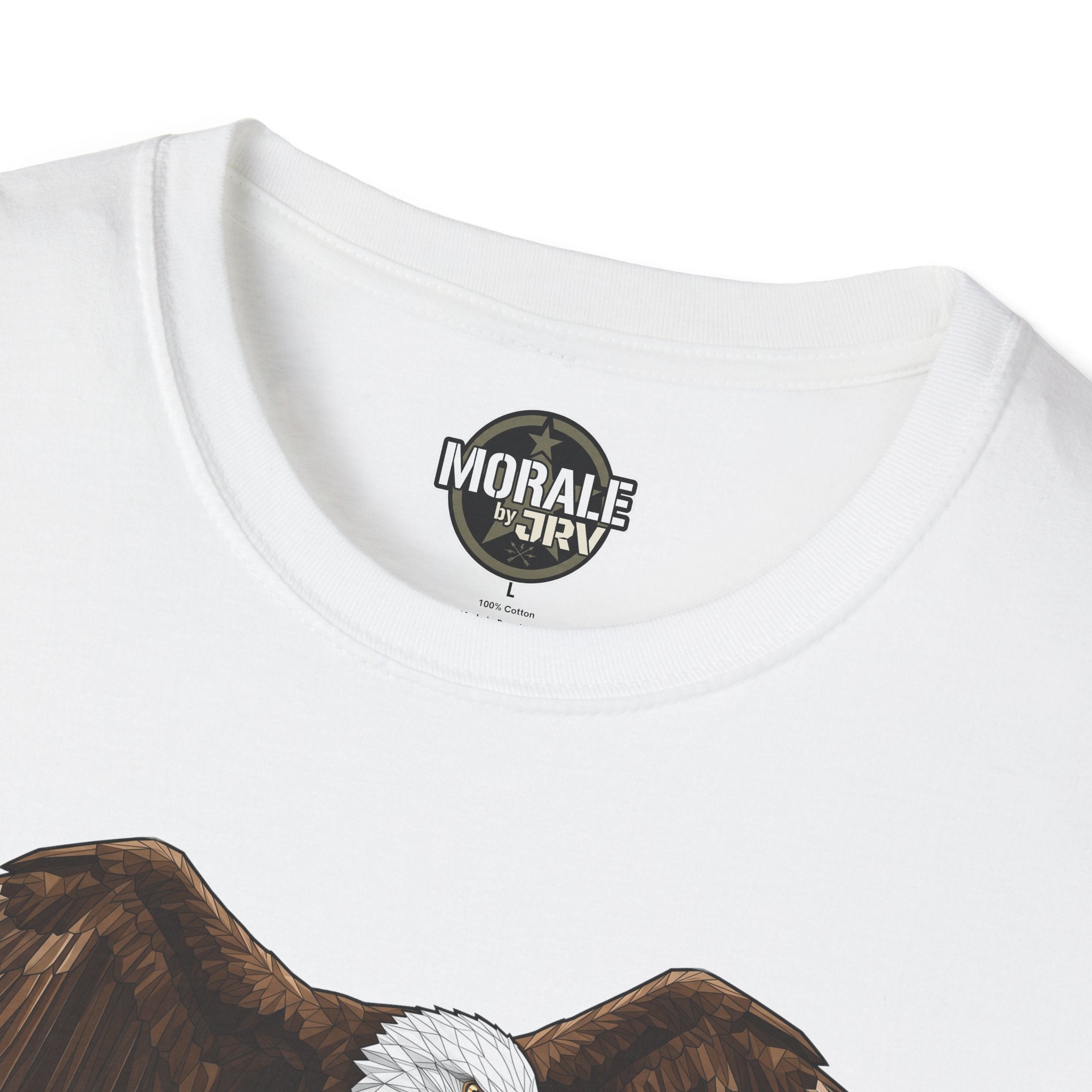 White T-shirt neckline logo, partial bald eagle graphic