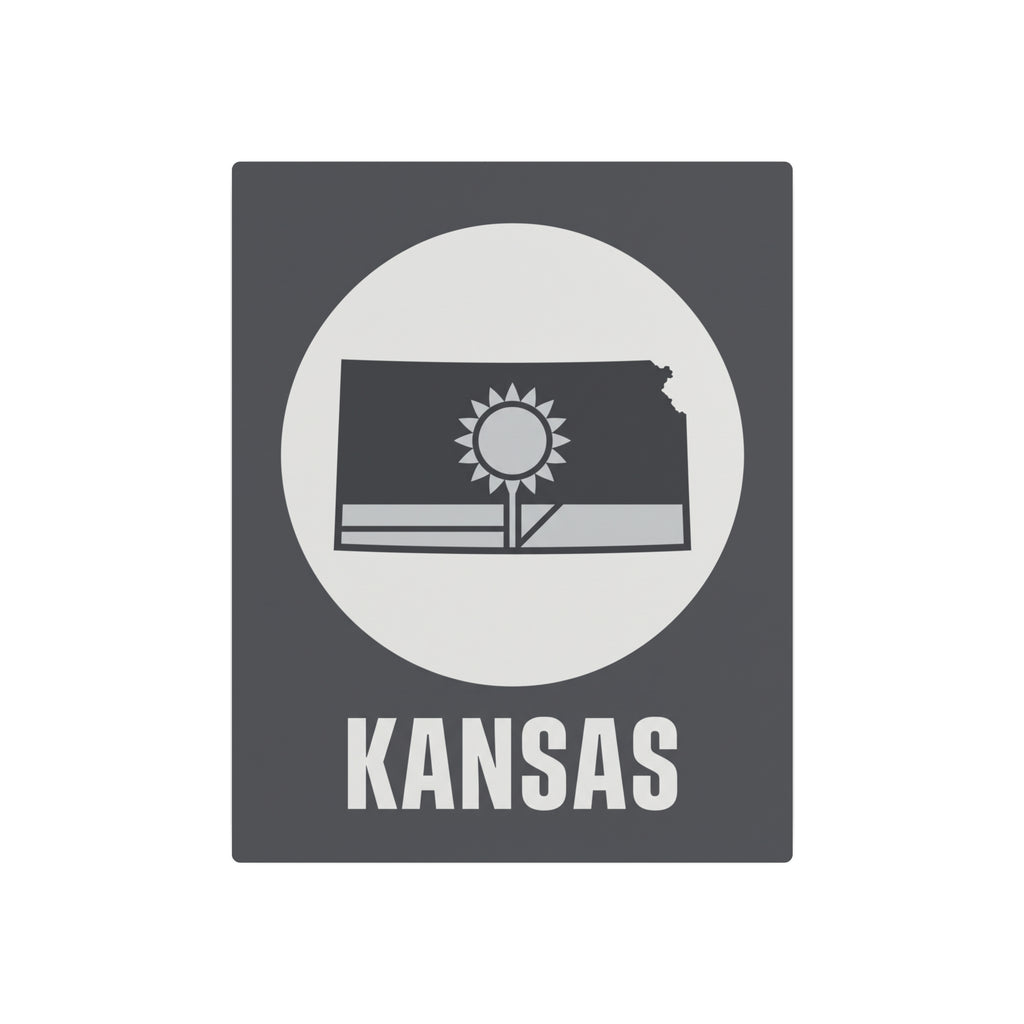 Dark gray Kansas metal wall sign with circular sunburst, Kansas outline, and 'KANSAS' lettering