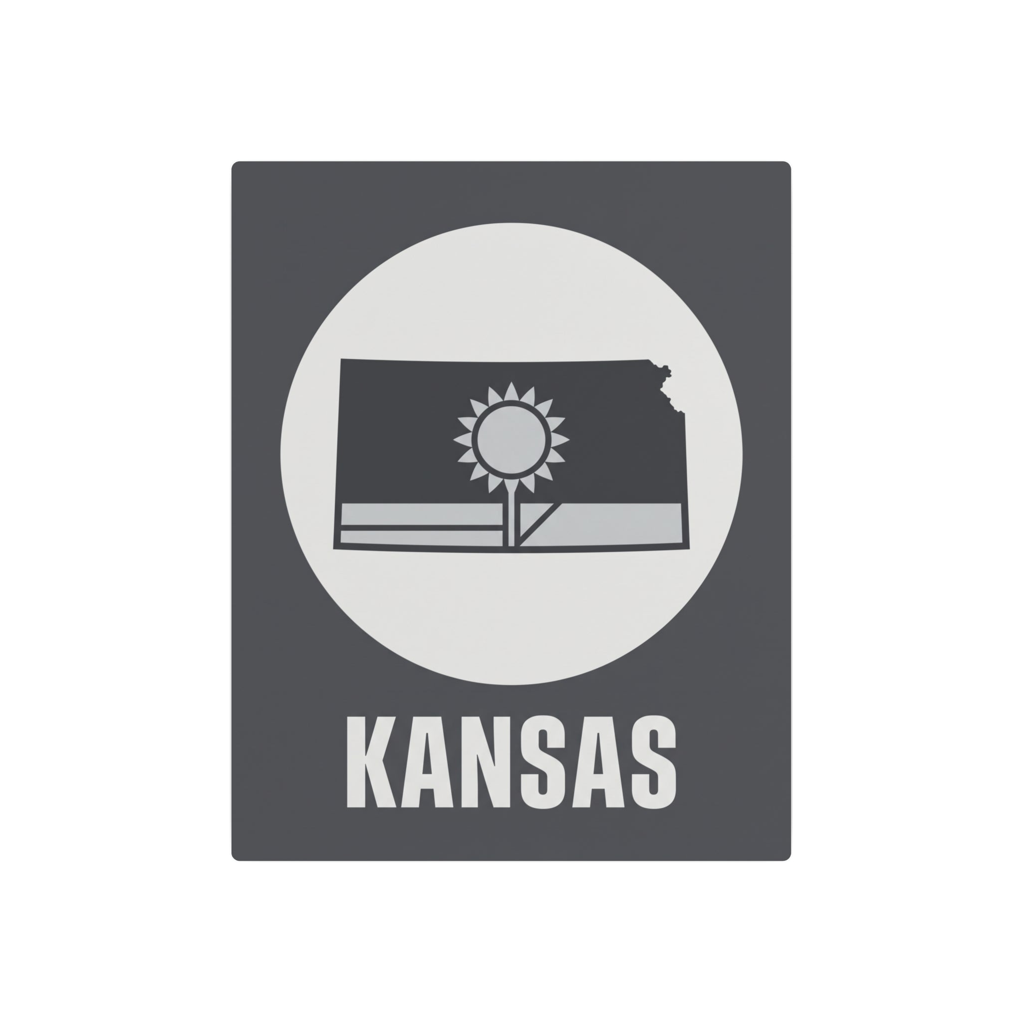 Dark gray Kansas metal wall sign with circular sunburst, Kansas outline, and 'KANSAS' lettering
