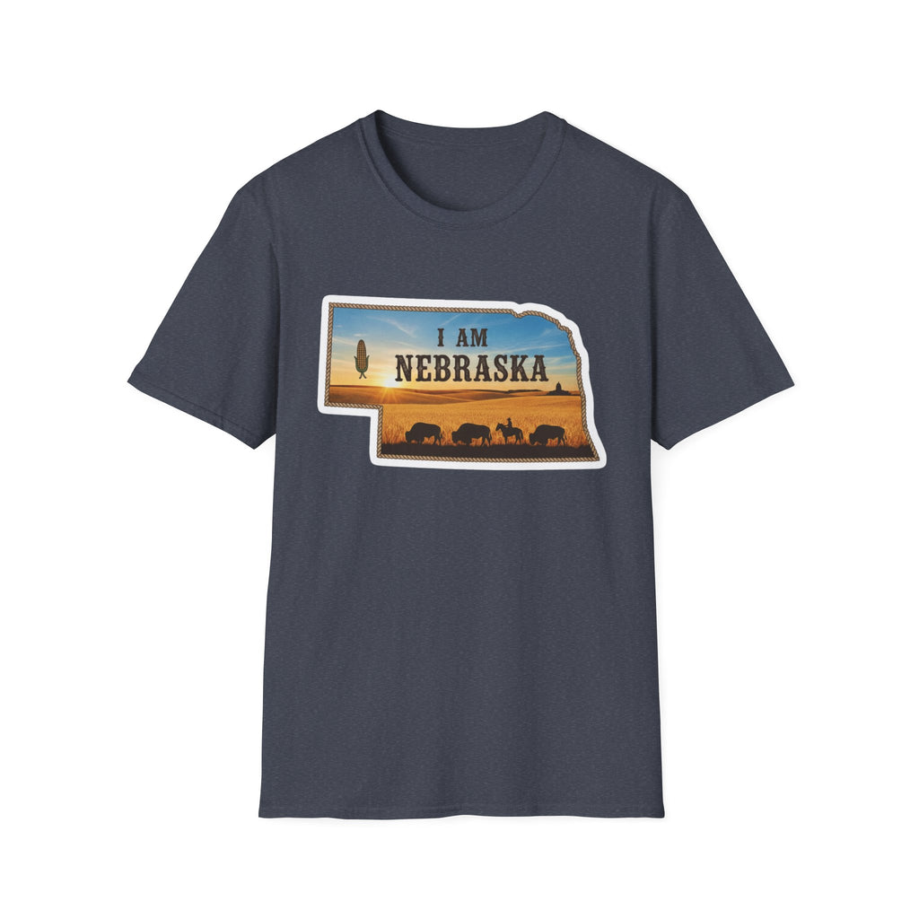 T-Shirt i am Nebraska, dunkelblau; bedruckte Nebraska-Sonnenuntergangssilhouette vorn
