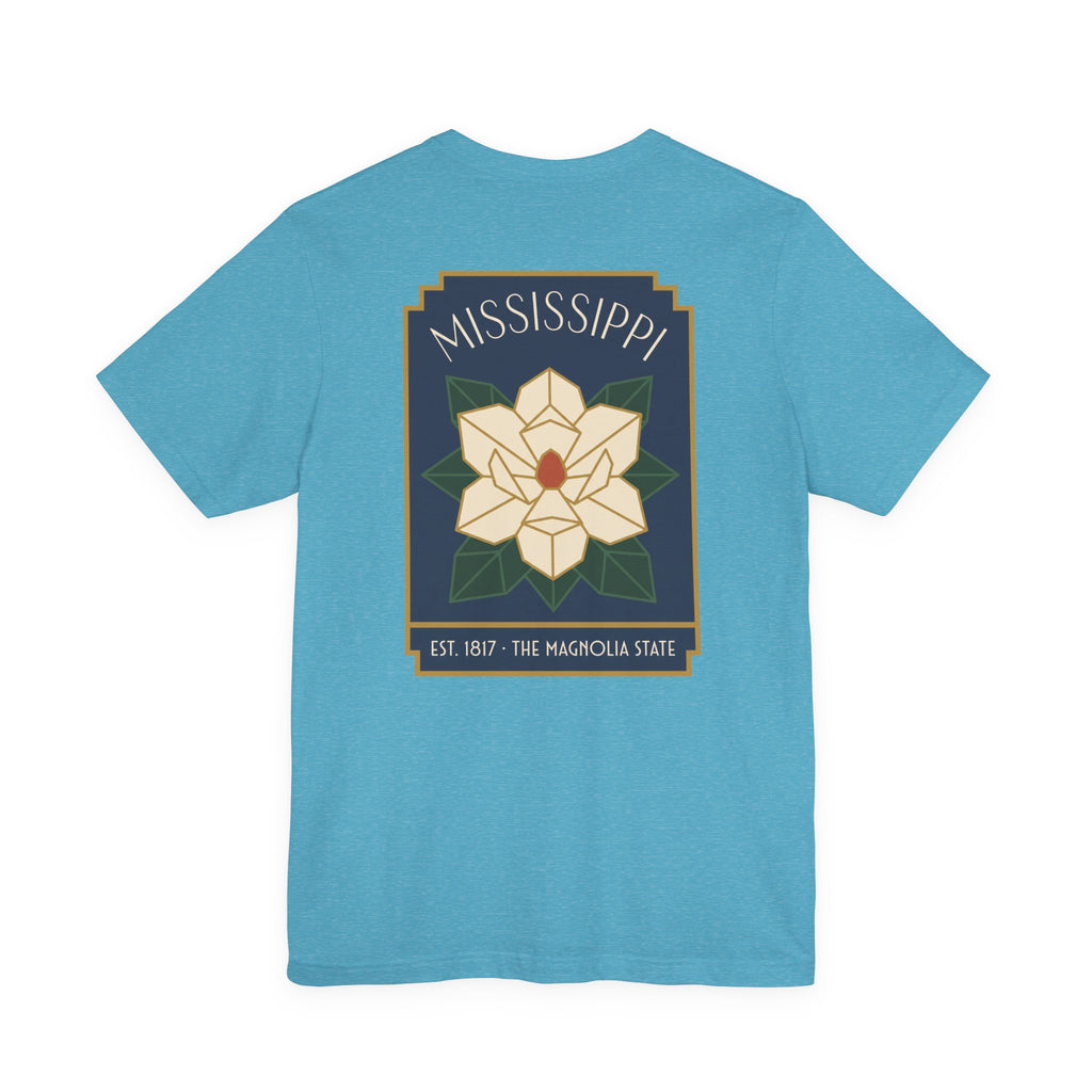 Light teal T-shirt with Magnolia square graphic and Mississippi text