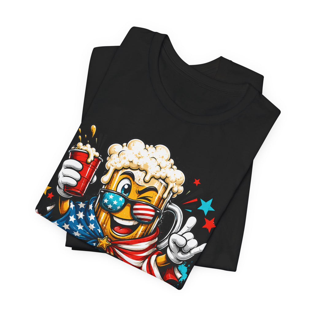 Black crewneck T-shirt with beer mascot graphic holding a red drink can.