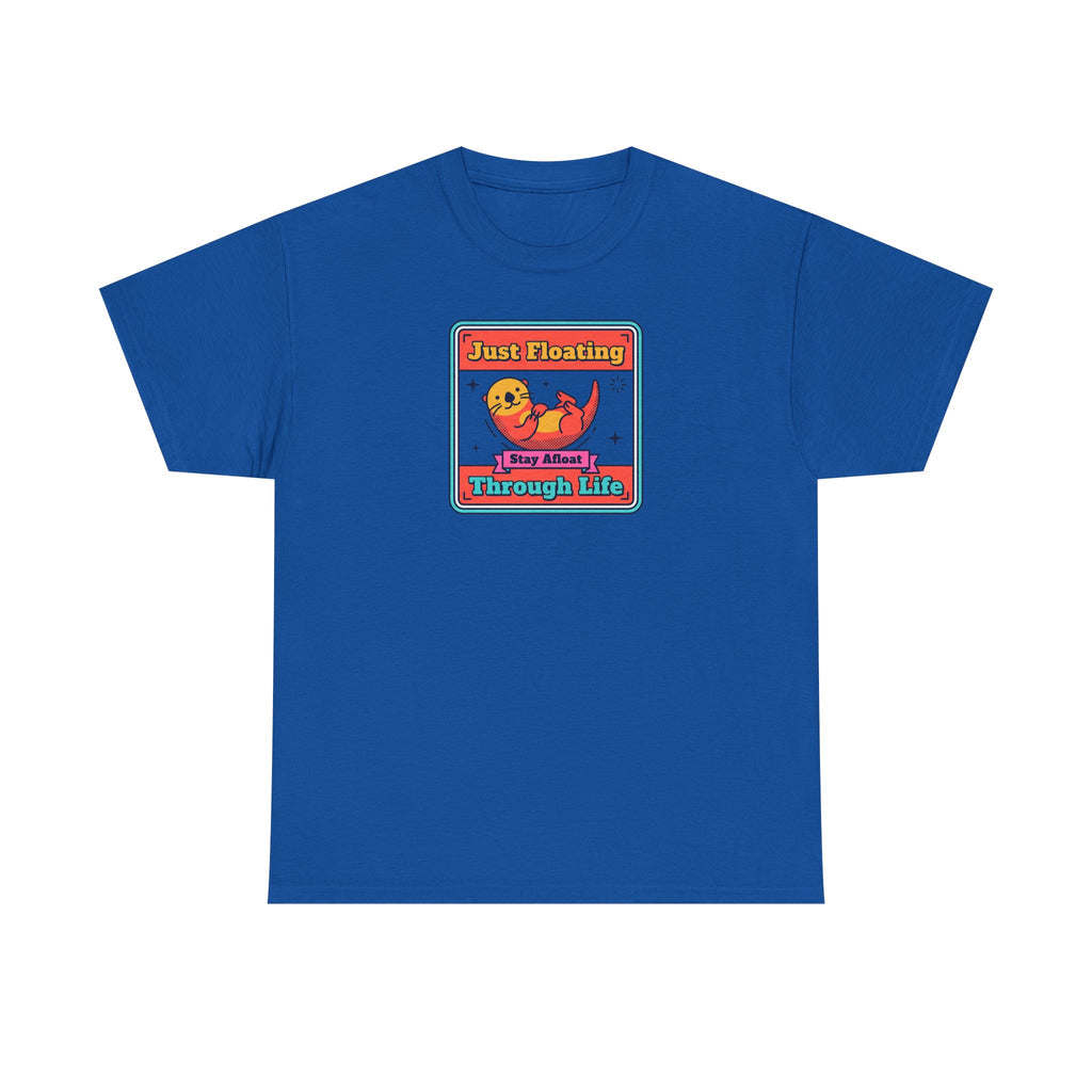 Royal blue crewneck T-shirt with framed otter graphic and text on chest
