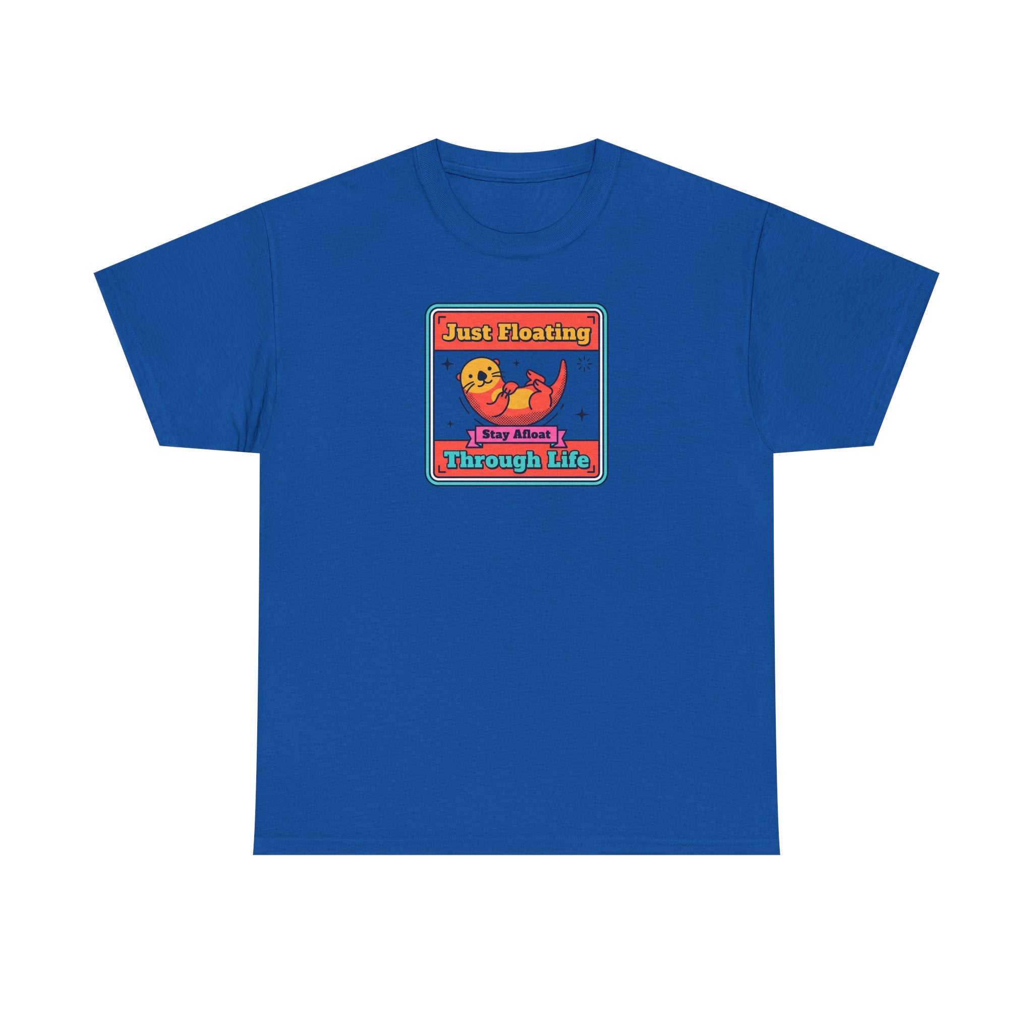 Royal blue crewneck T-shirt with framed otter graphic and text on chest