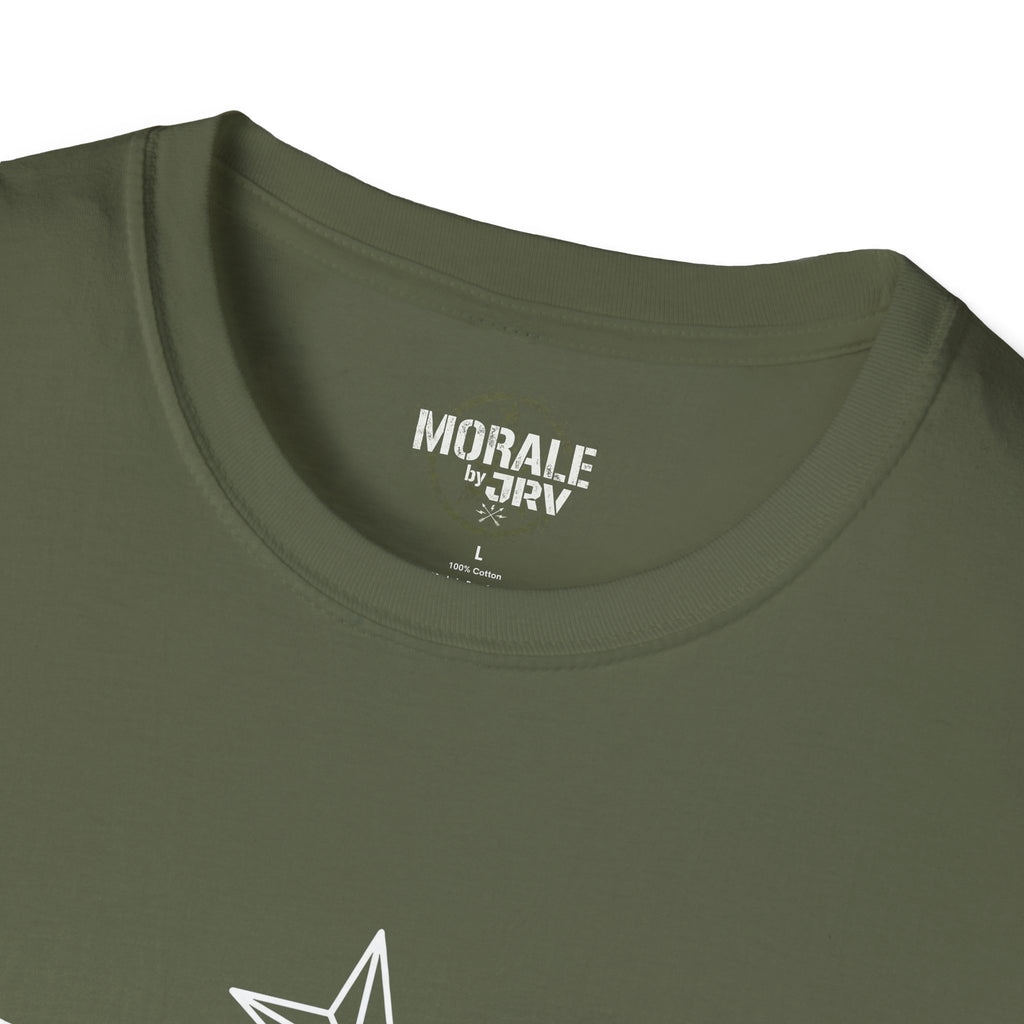 Military green t-shirt neckline with small chest logo patch