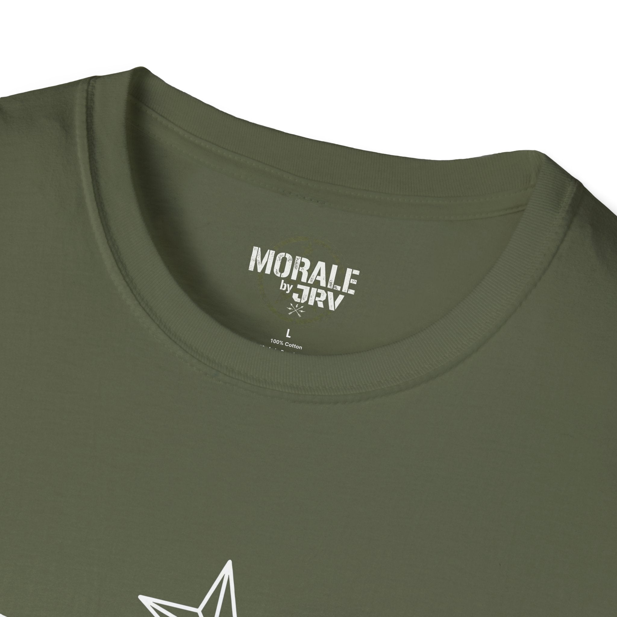 Military green t-shirt neckline with small chest logo patch