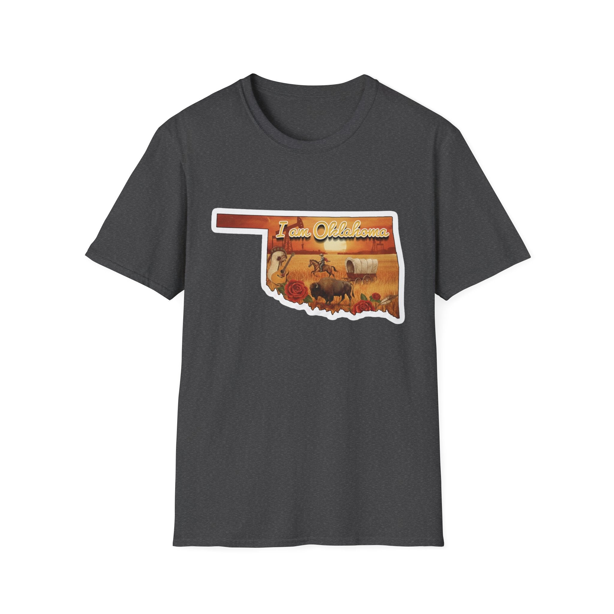 Graphite heather T-shirt with Oklahoma silhouette and cowboy scene graphic