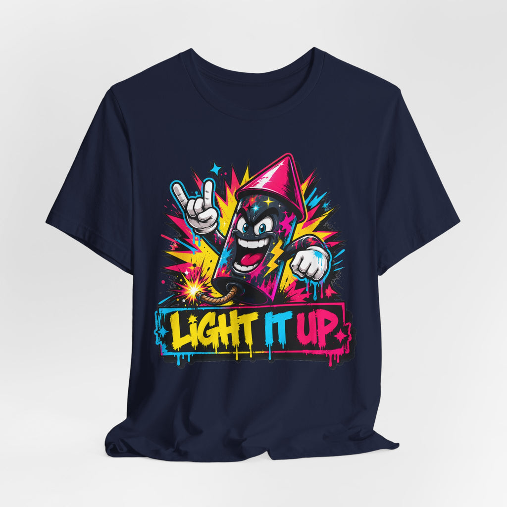 Navy T-shirt with character graphic and 'LIGHT IT UP!' text front