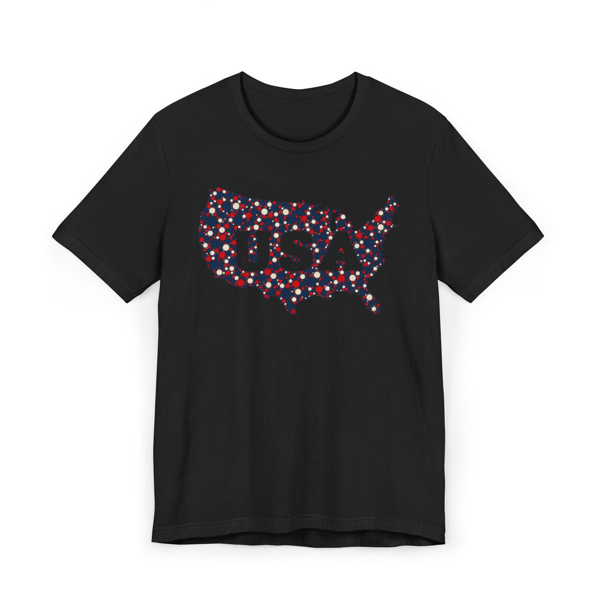 Black T-shirt with colorful floral USA outline graphic and "USA" text
