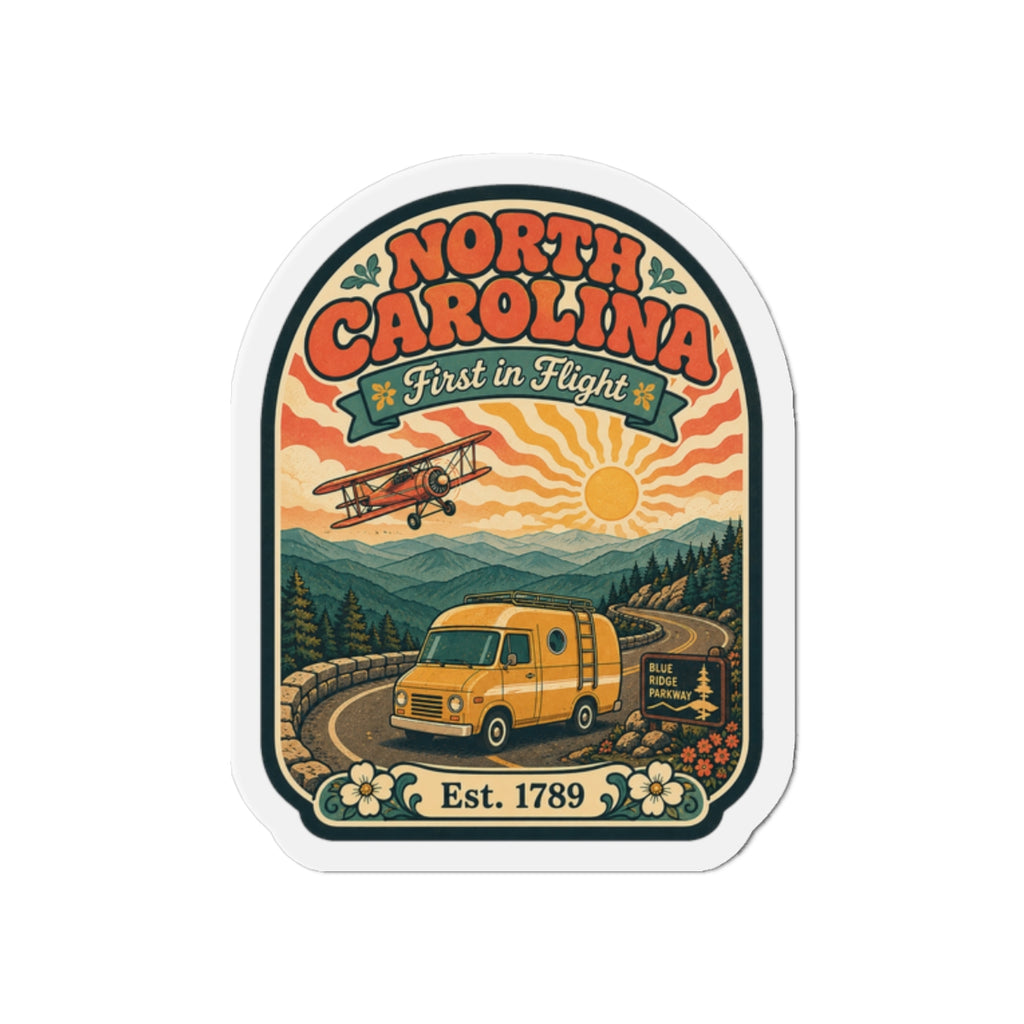 Die-cut North Carolina travel magnet with vintage van, plane, and Est. 1789 badge.