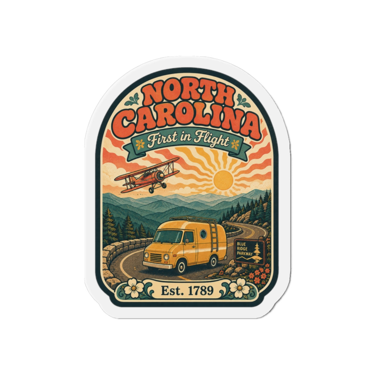 Die-cut North Carolina travel magnet with vintage van, plane, and Est. 1789 badge.