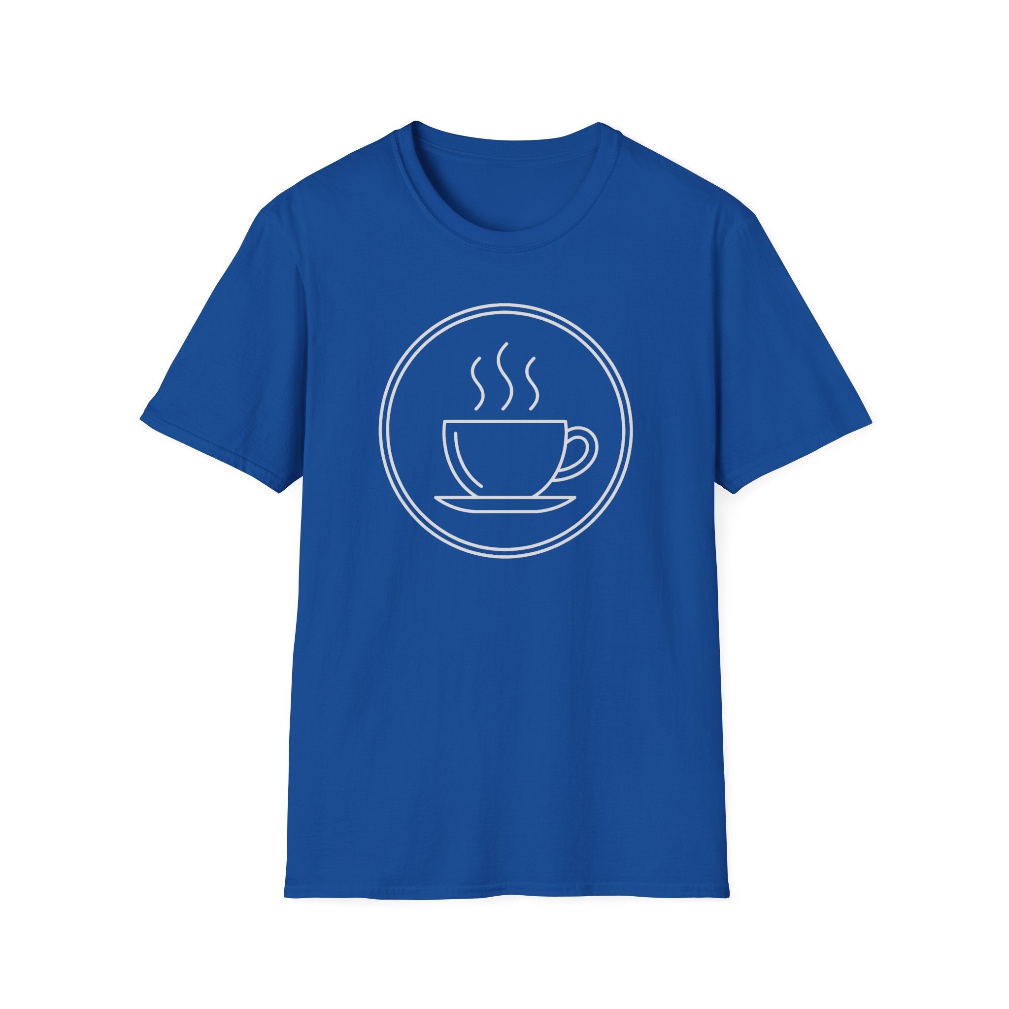 Royal blue unisex t-shirt with front coffee cup and steam graphic inside a circle