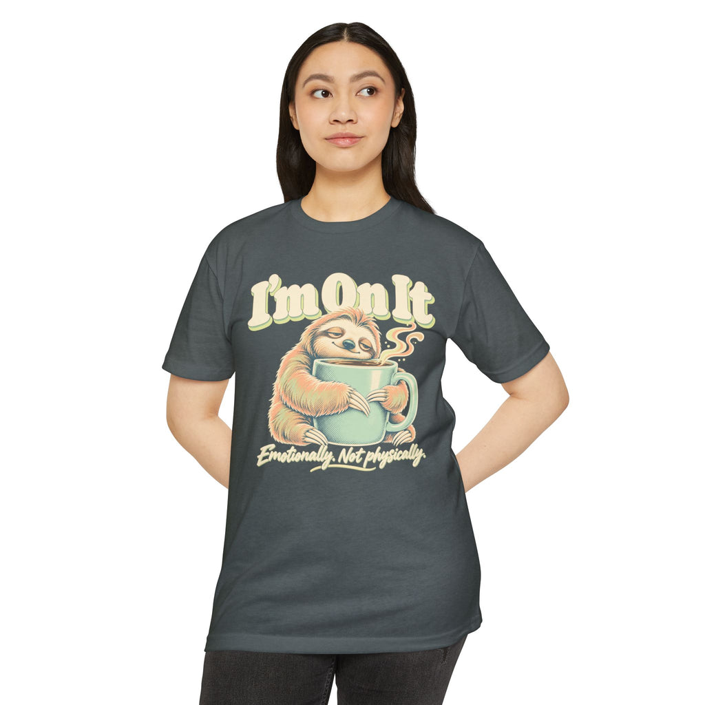 Charcoal gray T-shirt worn by model with sloth holding coffee mug graphic