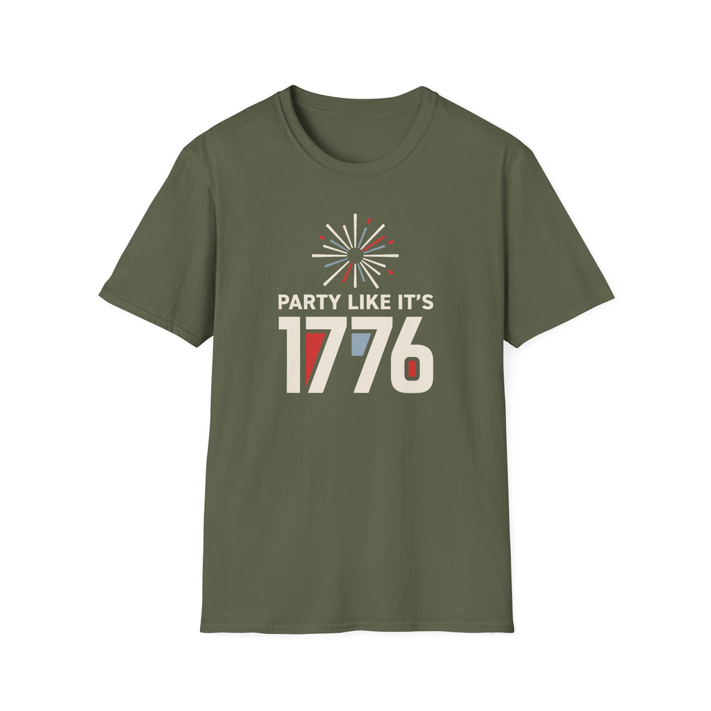 Olive green T-shirt with fireworks 'PARTY LIKE IT'S 1776' graphic