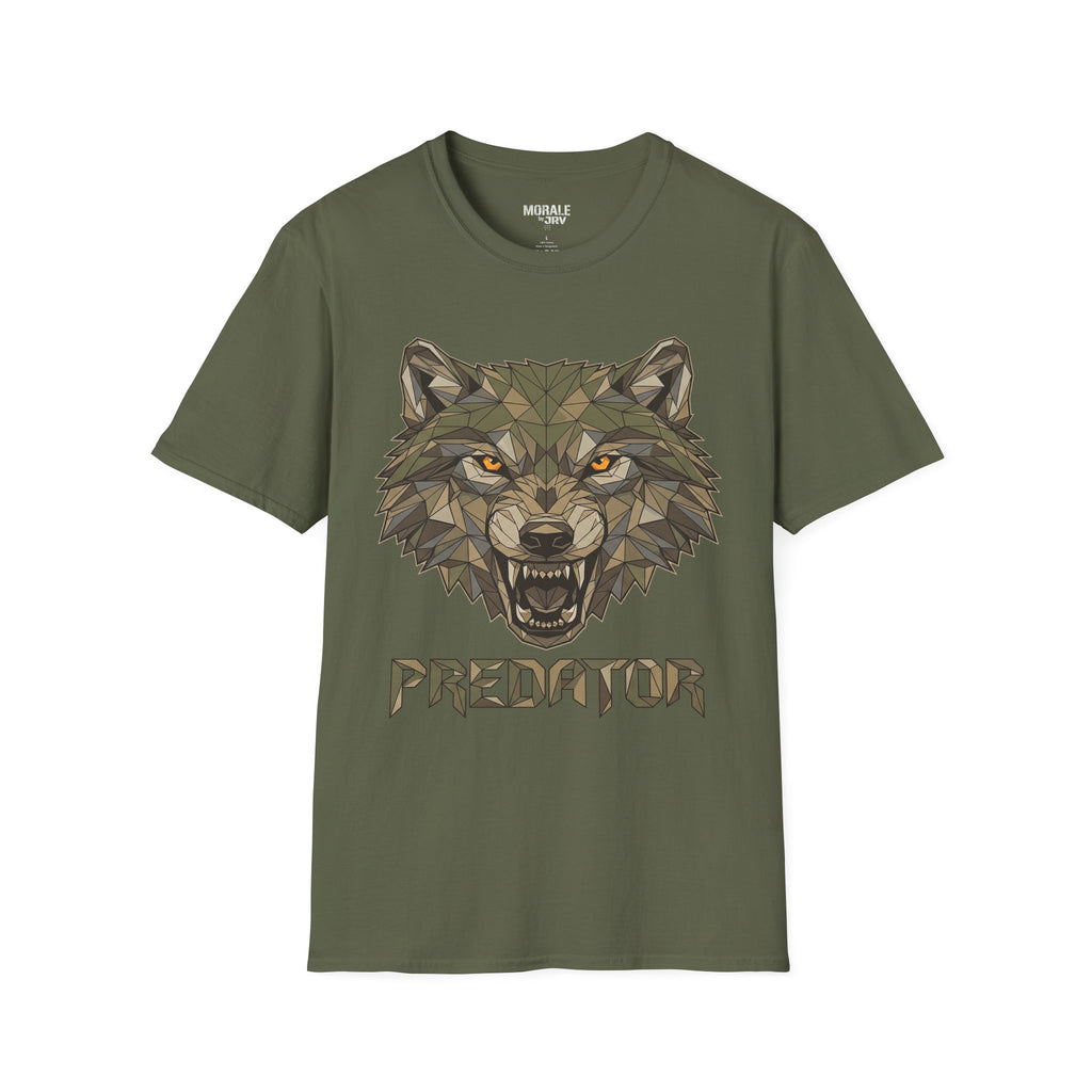 Geometrischer Wolfkopf Predator T‑Shirt, dunkelolivgrün, Frontdruck mit Wolfgesicht & Schriftzug