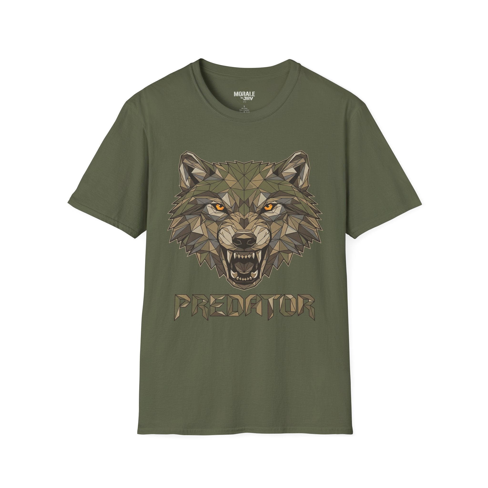 Geometrischer Wolfkopf Predator T‑Shirt, dunkelolivgrün, Frontdruck mit Wolfgesicht & Schriftzug