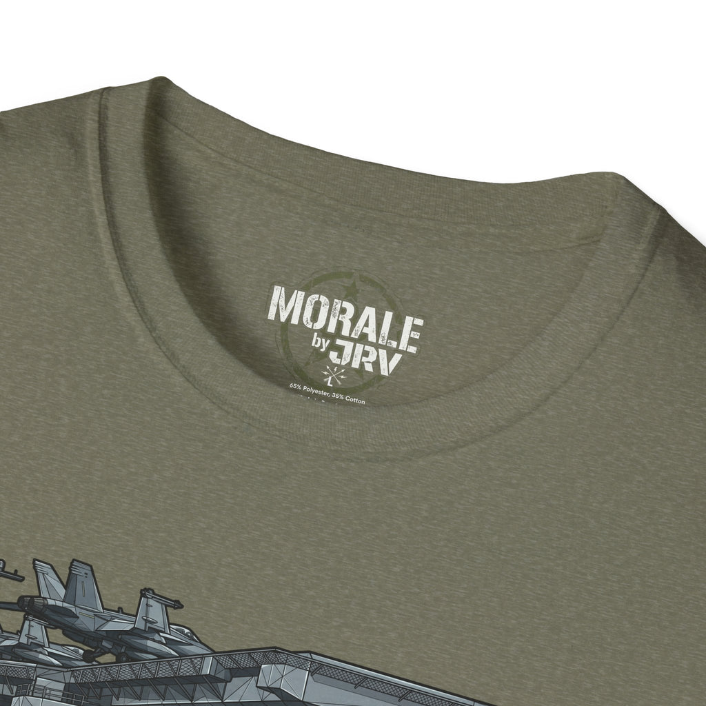 Olive crew-neck T-shirt: 'MORALE by TRV' neck print and ship artwork