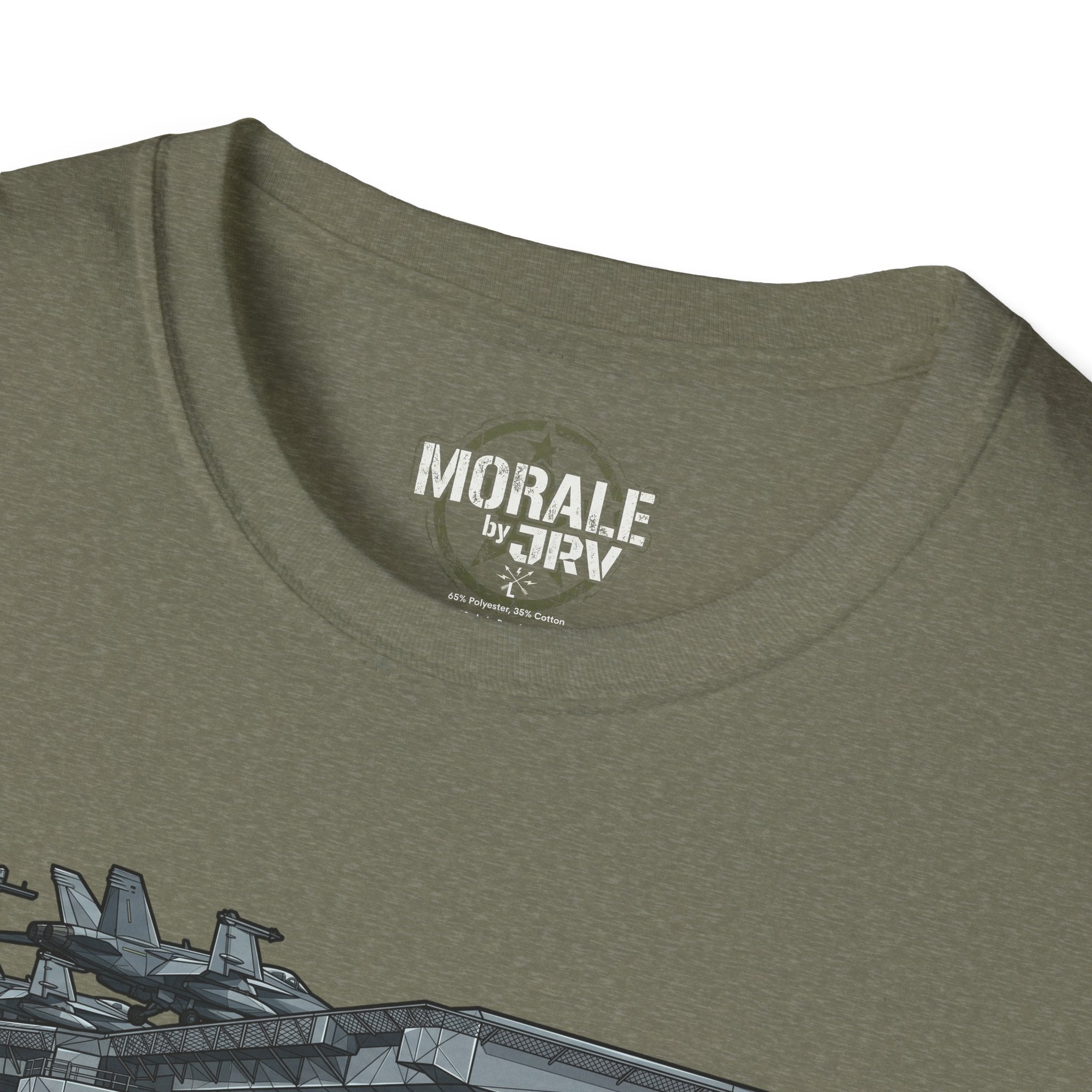 Olive crew-neck T-shirt: 'MORALE by TRV' neck print and ship artwork