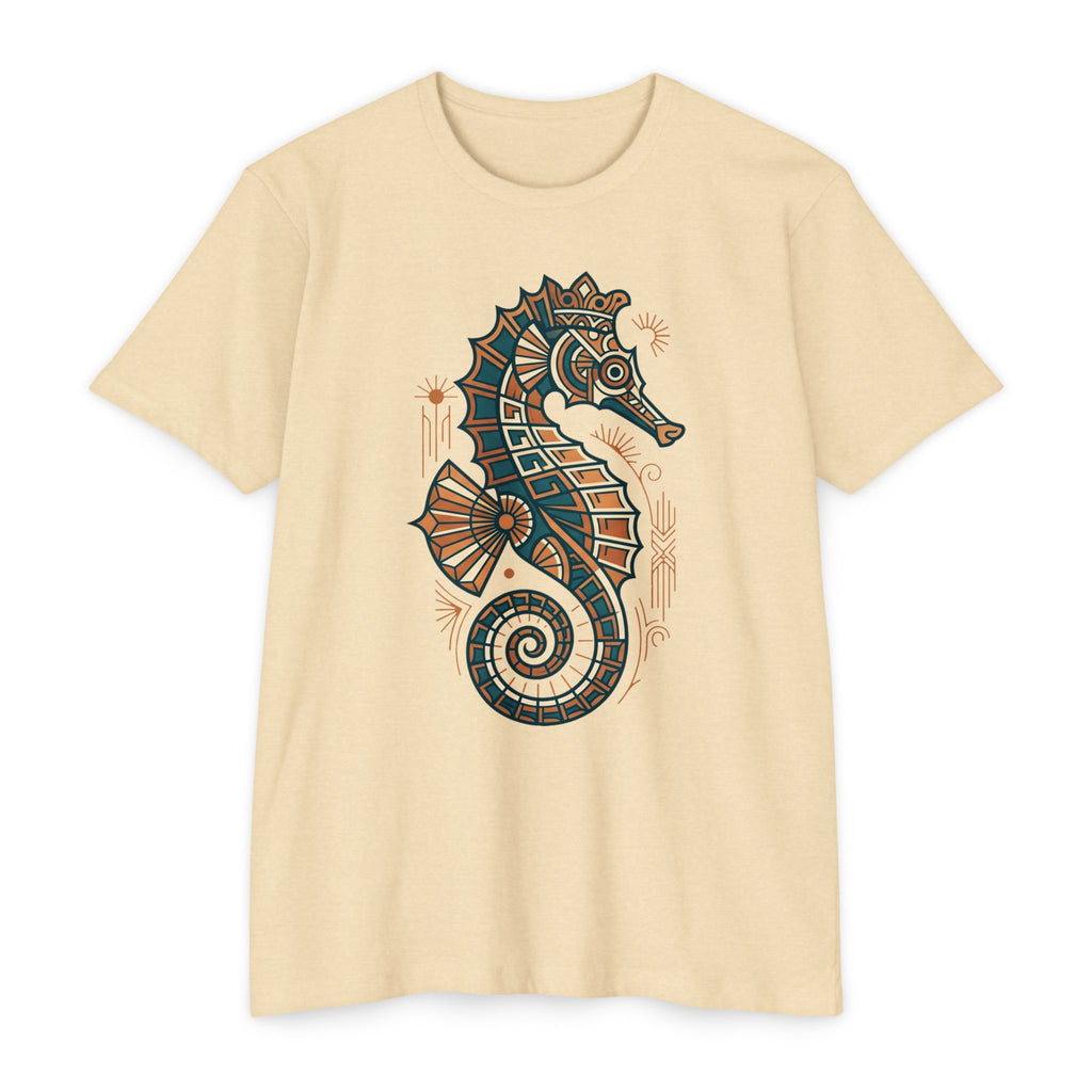Unisex cream T-shirt with colorful seahorse mosaic graphic on front