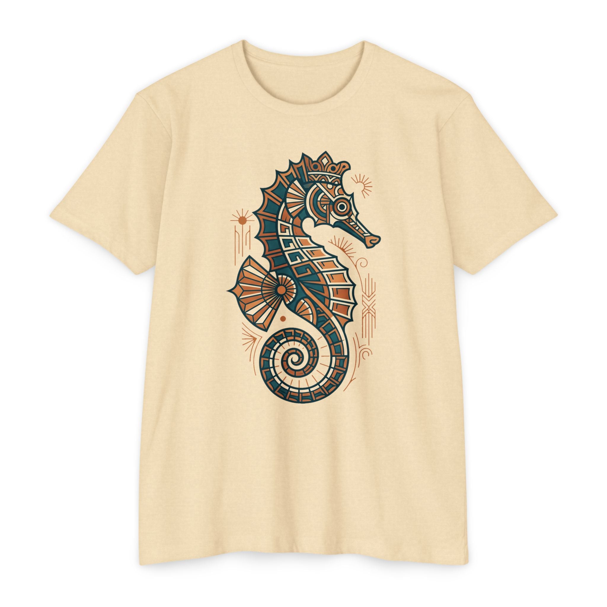 Unisex cream T-shirt with colorful seahorse mosaic graphic on front